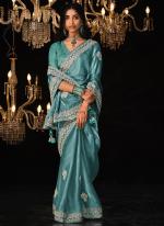 Glass Tissue Dusty Sky Wedding Wear Sequence Embroidery Work Saree